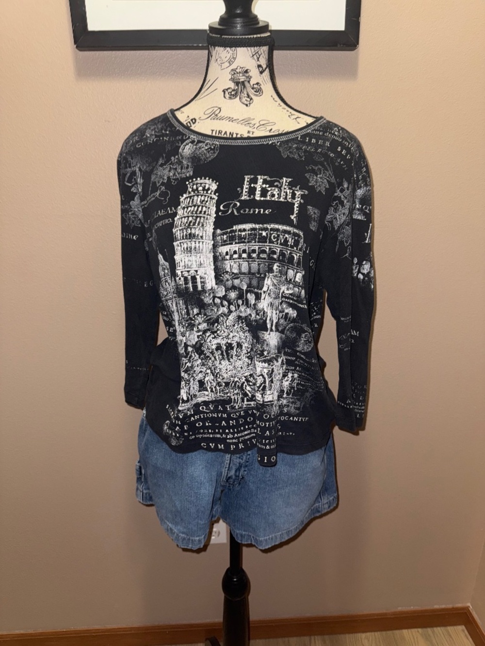 Y2K Cactus Italy Rome Graphic Rhinestone Top Women's Large Black‎ Pisa Colosseum